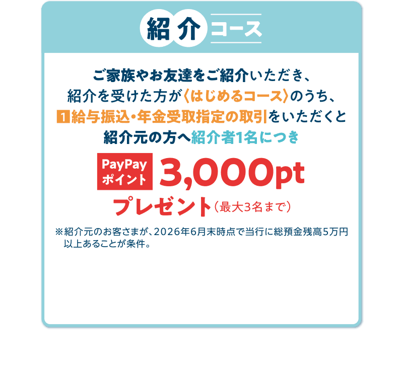紹介コース ご家族やお友達をご紹介いただき、紹介を受けた方が〈はじめるコース〉のうち、給与振込・年金受取指定の取引をいただくと紹介元の方へ紹介者1名につきPayPayポイント3,000ptプレゼント（最大3名まで）