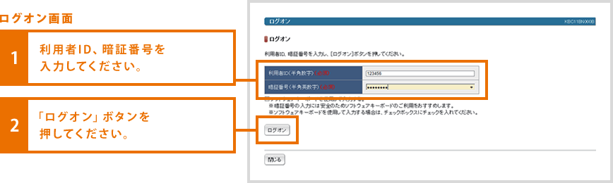 ログオン画面 1.利用者ID、暗証番号を入力してください。 2.ログオンボタンを押してください。